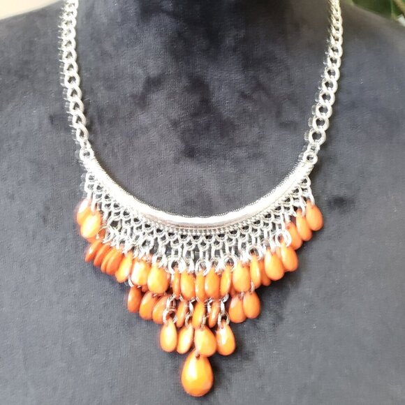 Womens Silver Tone Orange Acrylic Tear Drop Cluster Bib Necklace with Lobster - Picture 1 of 6